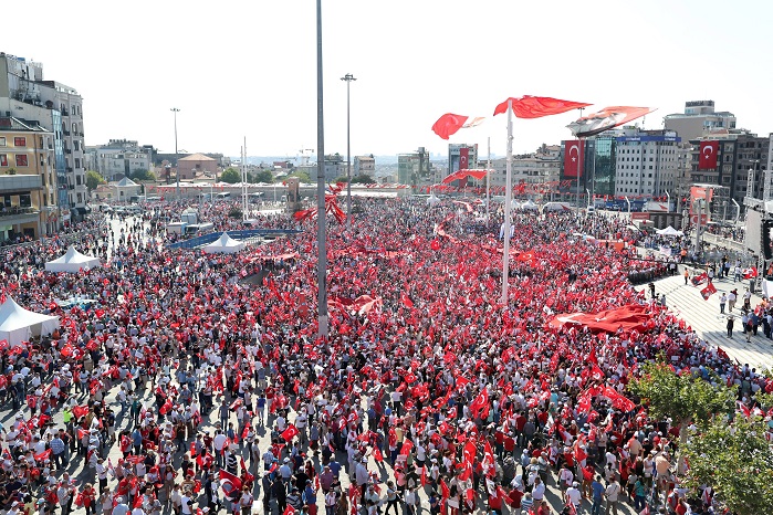epa05439084 Secular supporters of main opposition Republic Public Party (CHP) shout slogans and hold Turkish flags and pictures of Ataturk, founder of modern Turkey, during a demonstration against coup at Taksim Square, in Istanbul, Turkey, 24 July 2016. Turkish parliament on 21 July formally approved a three-month state of emergency declared by Turkish President Erdogan. The 15 June's failed coup attempt's aftermath was followed by the dismissal of 50,000 workers and the arrest of 8,000 people. At least 290 people were killed and almost 1,500 injured amid violent clashes on 15 July as certain military factions attempted to stage a coup d'etat. The UN and various governments and organizations have urged Turkey to uphold the rule of law and to defend human rights.  EPA/TOLGA BOZOGLU